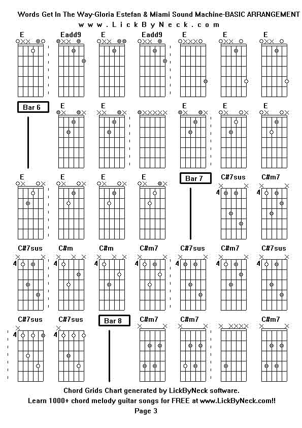 Chord Grids Chart of chord melody fingerstyle guitar song-Words Get In The Way-Gloria Estefan & Miami Sound Machine-BASIC ARRANGEMENT,generated by LickByNeck software.